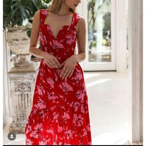 Red Floral Maxi Dress with Sweetheart Neckline